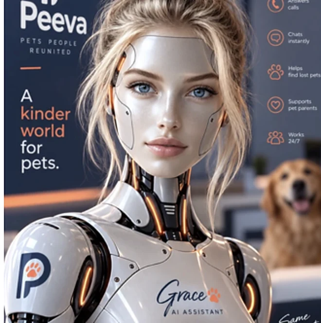 Illustration of Grace, Peeva AI assistant, beside a Peeva poster reading A kinder world for pets