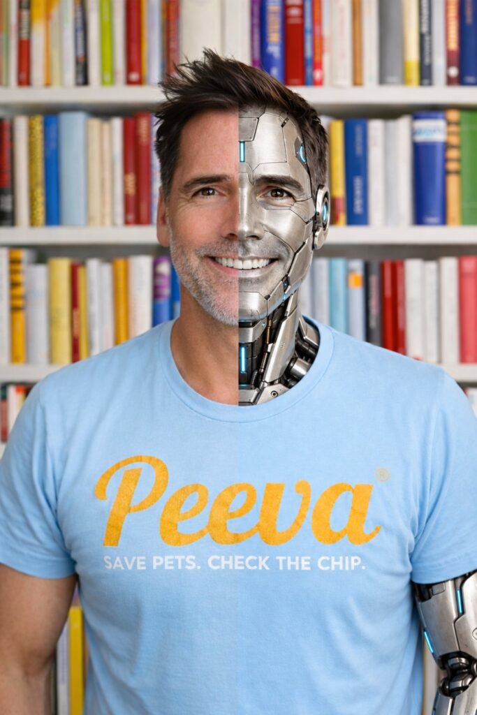 Michael Hamilton in a Peeva Save Pets. Check the Chip. t-shirt, half his face shown as a robot